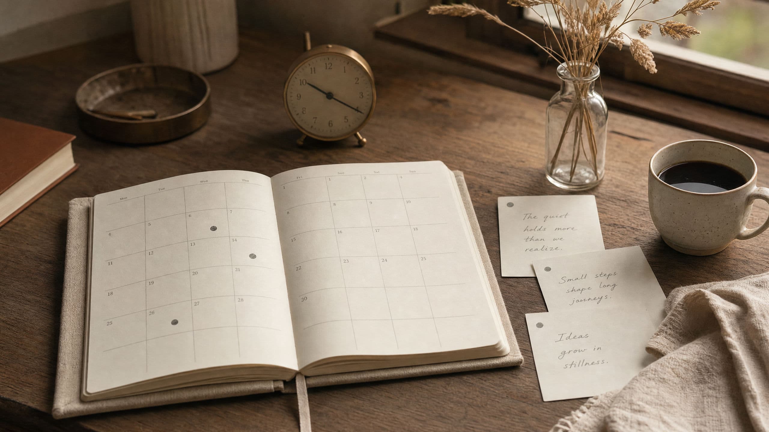 An open monthly planner and a few short post cards